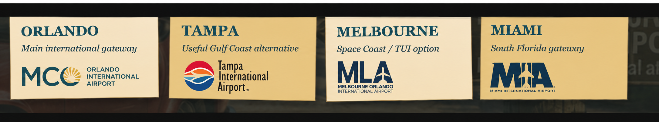 Orlando, Tampa, Melbourne Orlando and Miami airport cards with corporate logos