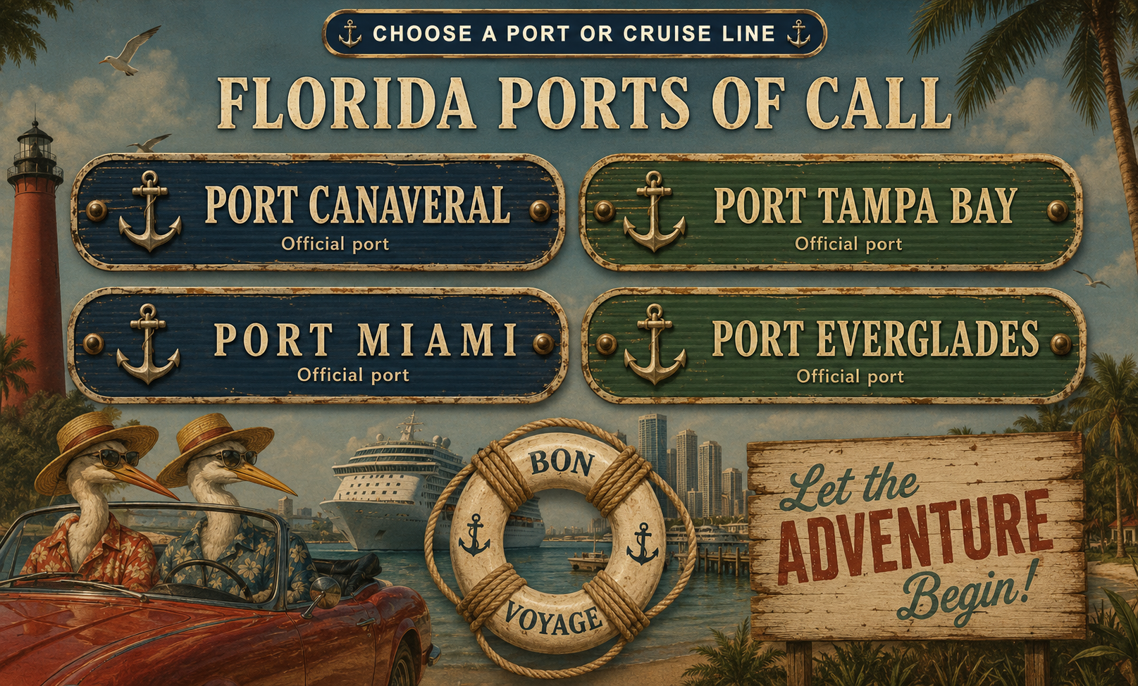 Vintage nautical Florida Ports of Call signs for Port Canaveral, Port Tampa Bay, Port Miami and Port Everglades with a chunky rope Bon Voyage lifebuoy