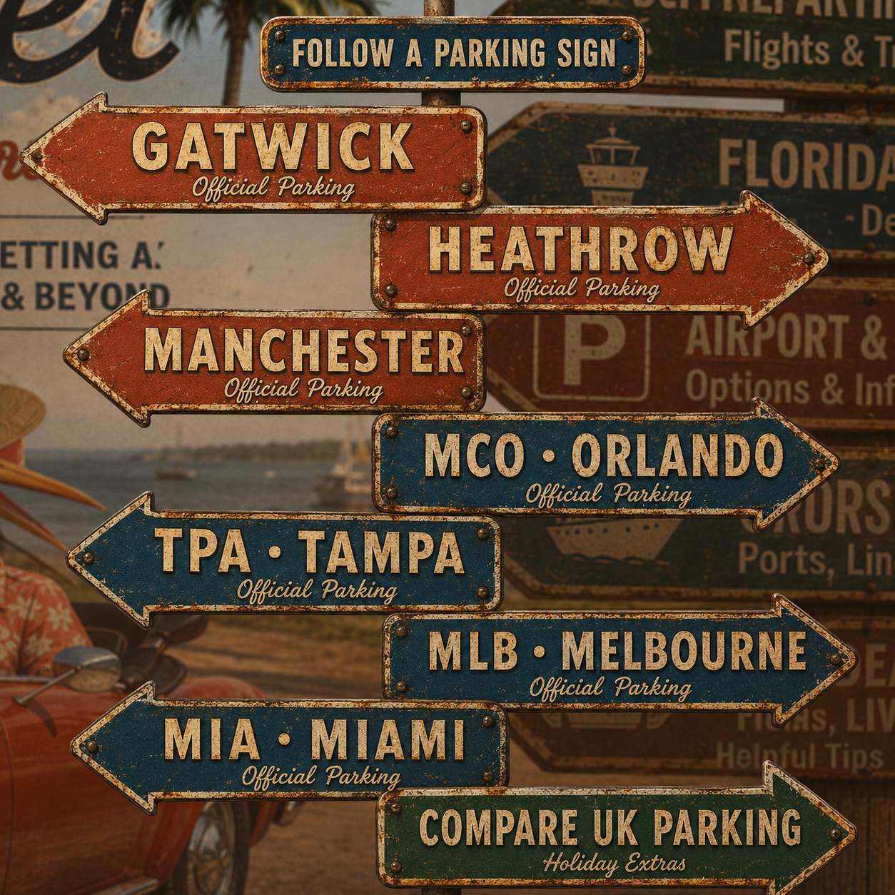 Weathered vintage tin parking signs for Gatwick, Heathrow, Manchester, Orlando, Tampa, Melbourne, Miami and UK parking comparison