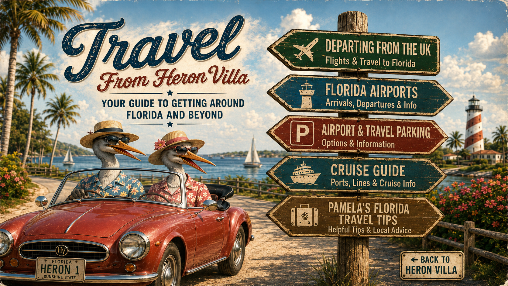 Travel From Heron Villa with Henry and Henrietta beside five vintage travel signs