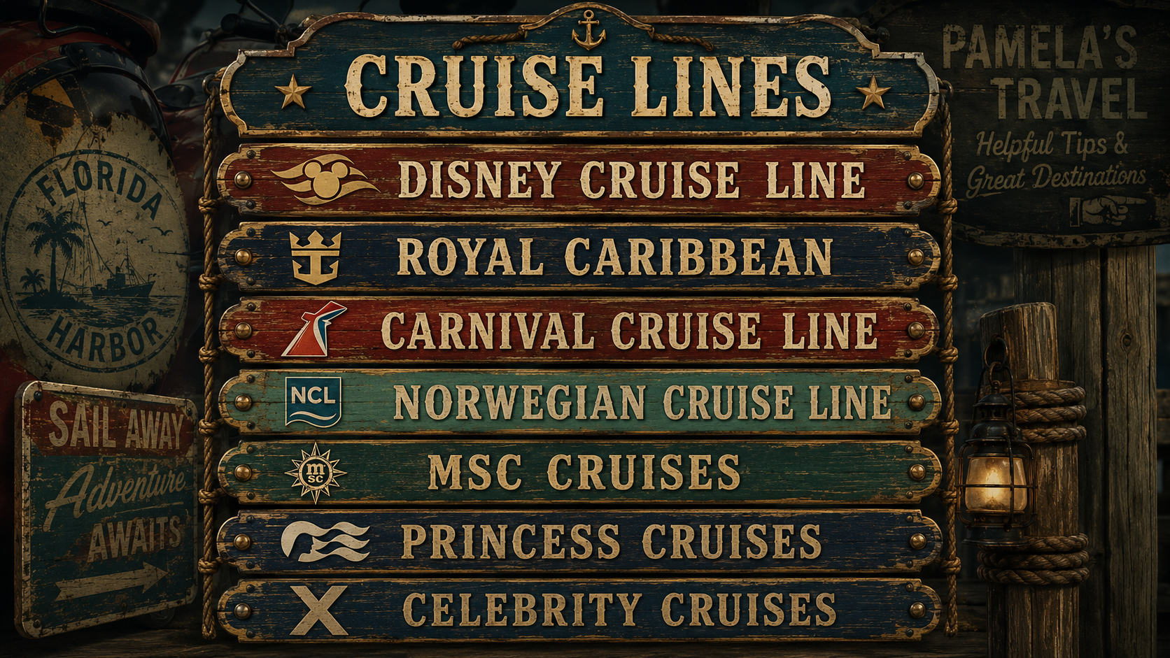 Vintage harbour signboard listing cruise lines